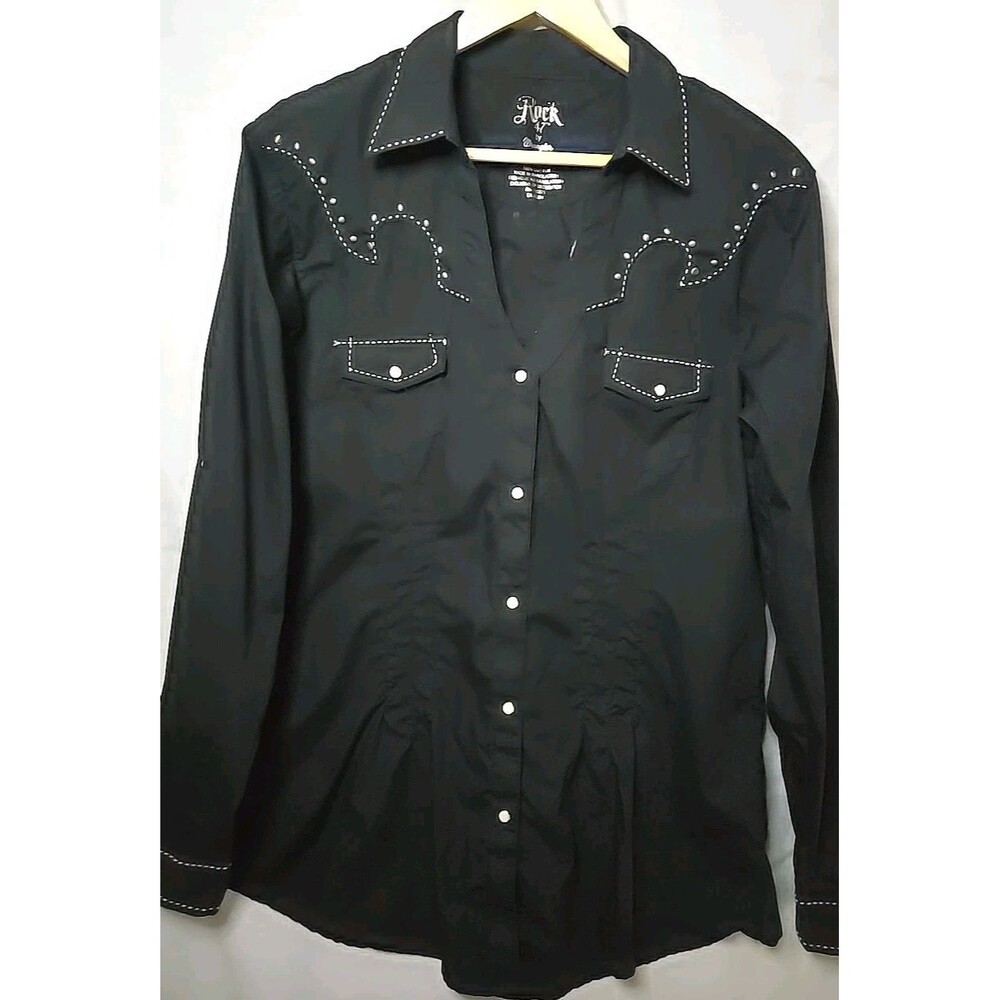 Rock 47 by Wrangler Western Shirt Mens Sz Large Black Embroidered Studded Cowboy